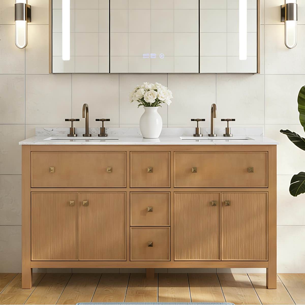 Lignum 60in Fully Assembled Solid Wood Double Bathroom Vanity with Marble Top, Soft Closing and Splash Guard (small wear to handles) 33.86 H X 60 W X 22.01 D