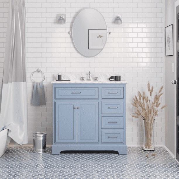 Aria 36in Bathroom Vanity with Powder Blue Cabinet and Imported Italian Carrara Marble Top 35 H X 36 W X 21.5 D
