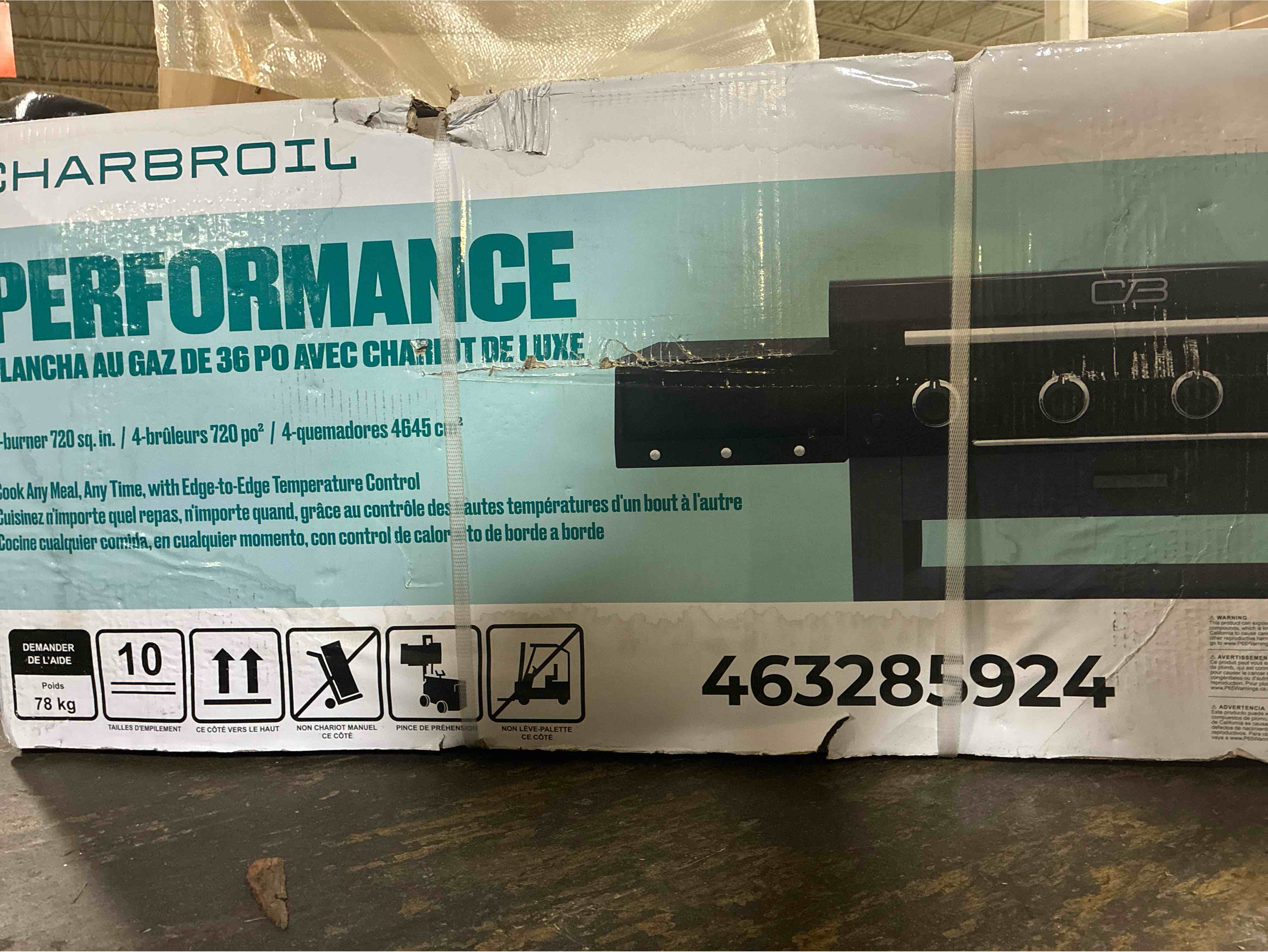 Condition photo showing New/Like New for charbroil 36inch  performance series deluxe propane gas griddle with cart 4 burner flat top grill  black