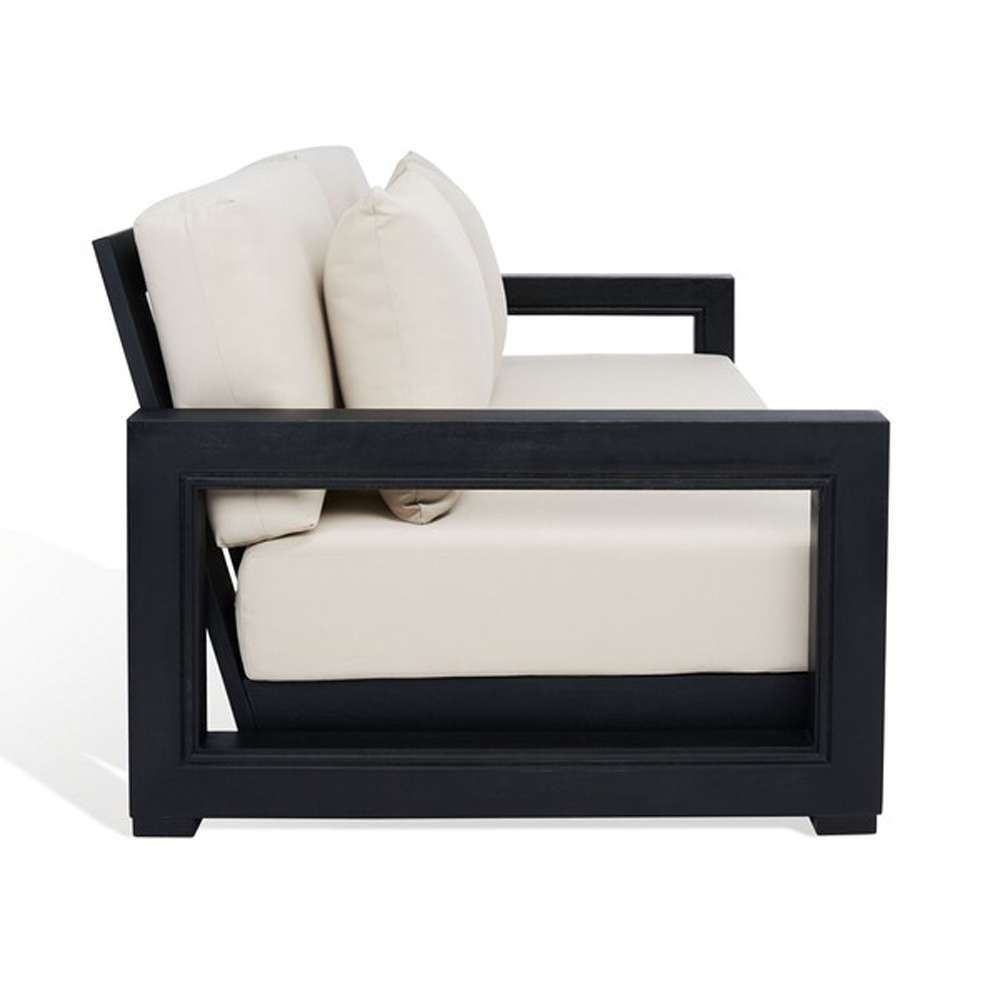 Condition photo showing New/Like New for safavieh couture montford all weather coated aluminum black 2-seat bench with white cushions. 52.75w x 35.62d x 26.77h