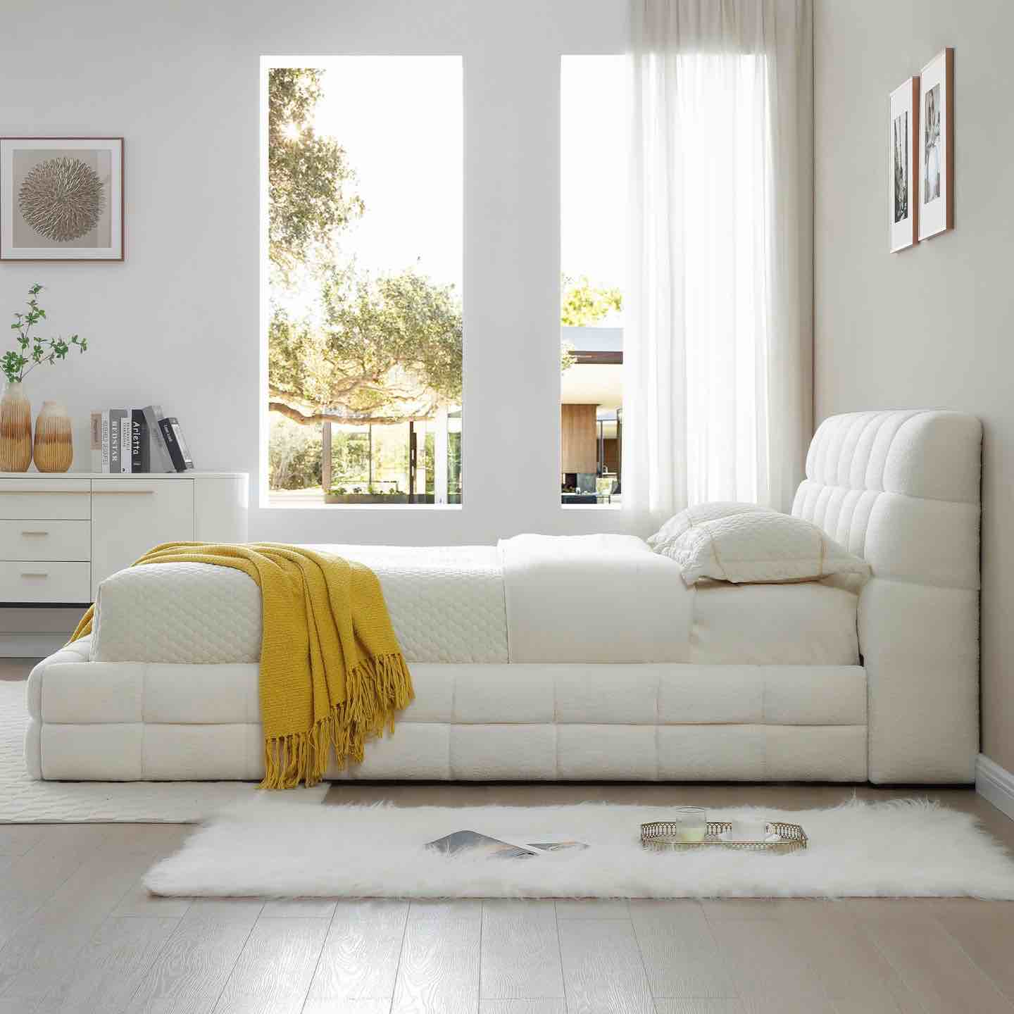 Condition photo showing New/Like New for wow furniture electra bed white leather square patterned king size bed frame. 