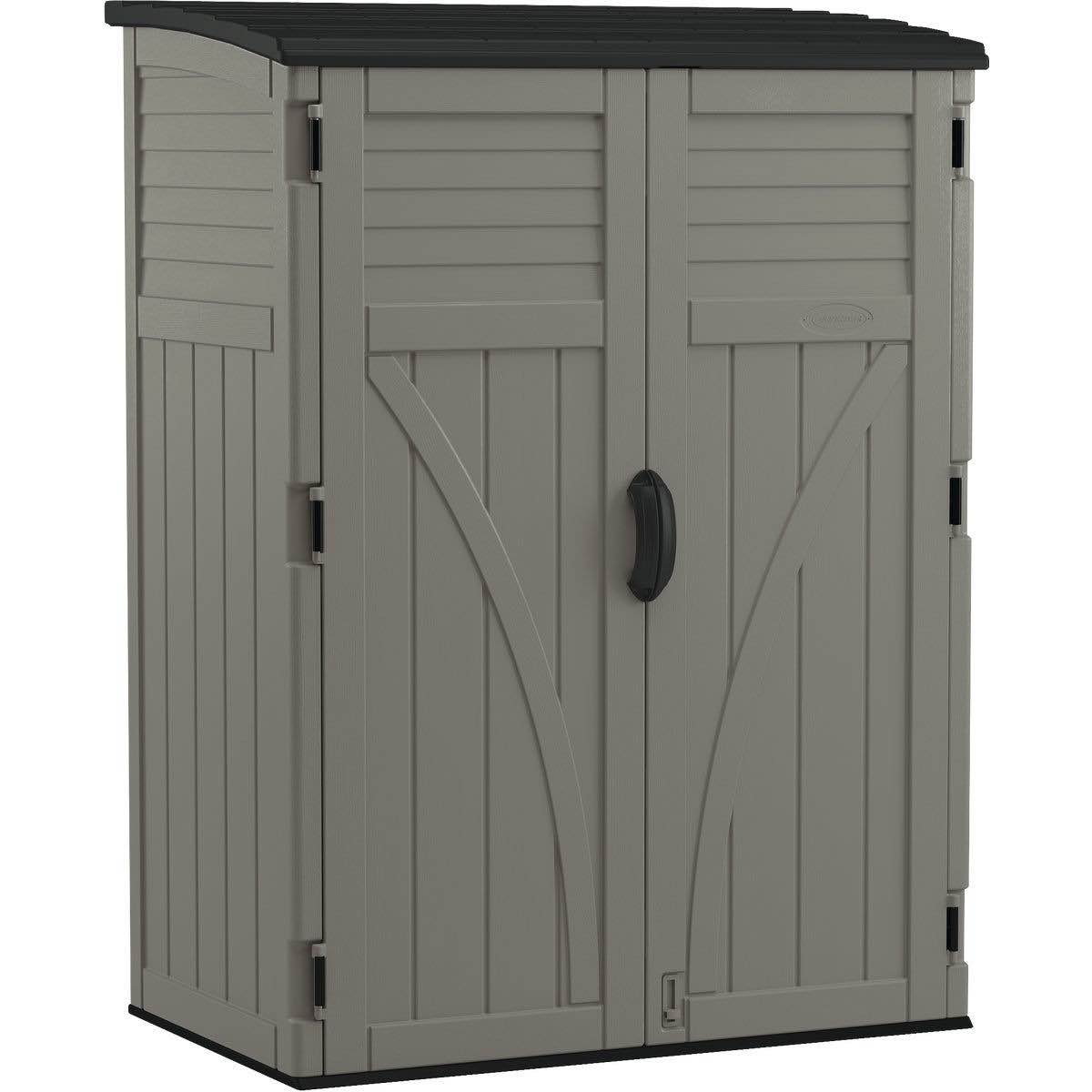 Condition photo showing New/Like New for suncast outdoor storage cabinet waterproof resin vertical outdoor storage shed (54 cu. ft.) for patio, garden tools, cushions, & equipment. weatherproof plastic multi-wall design,  4 ft. 5 in. w x 2 ft. 8.5 in. d x 5 ft. 11.5 in