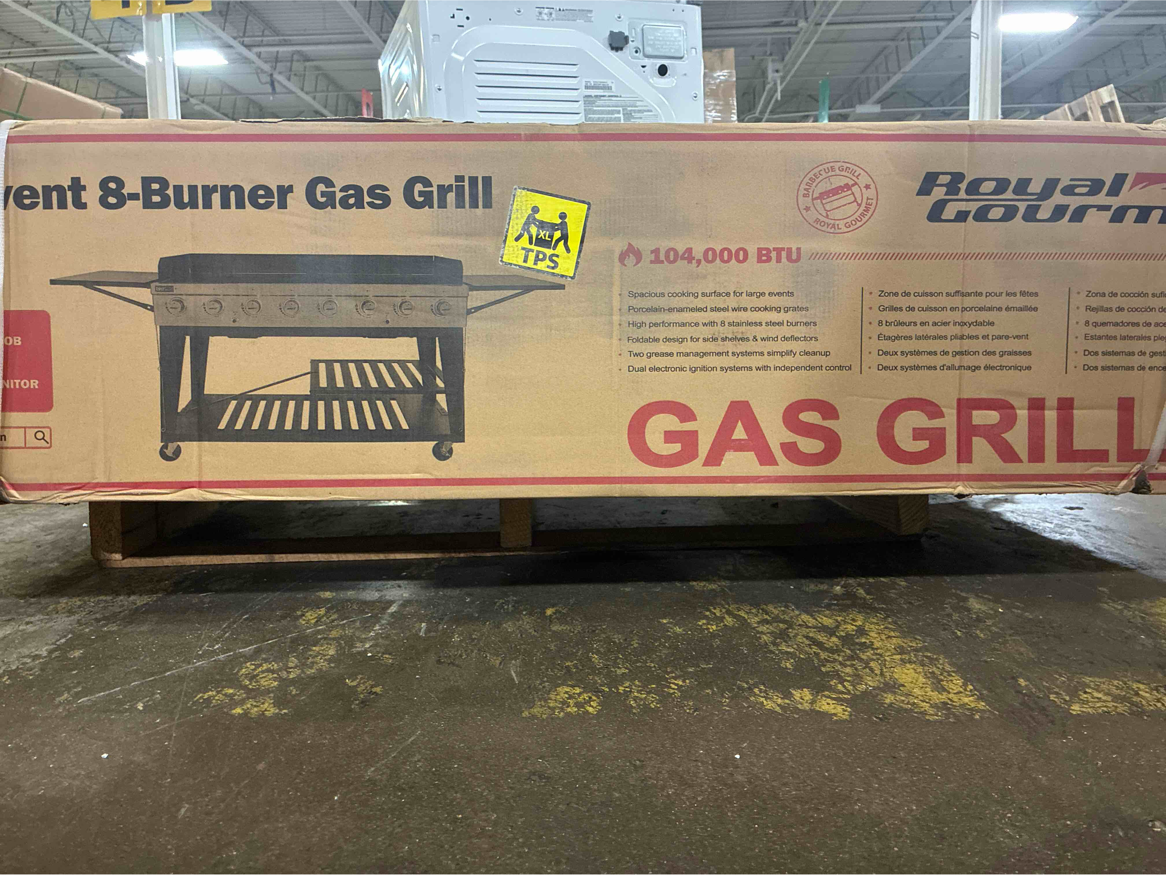Condition photo showing New/Like New for royal gourmet 8-burner gas grill, 104,000 btu liquid propane, independently controlled dual systems, black