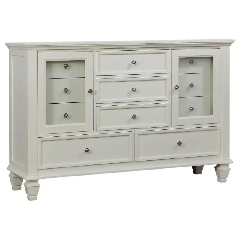 Condition photo showing New/Like New for coaster furniture sandy beach white 5 drawer dresser with 2 glass door cabinets and nickel finished knobs. 	51.0w x 64.0h x 21.0d