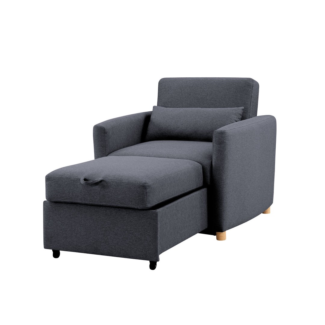 Condition photo showing New/Like New for conley navy blue woven convertible chair. 36 w x 36.6 d x 34.6 h