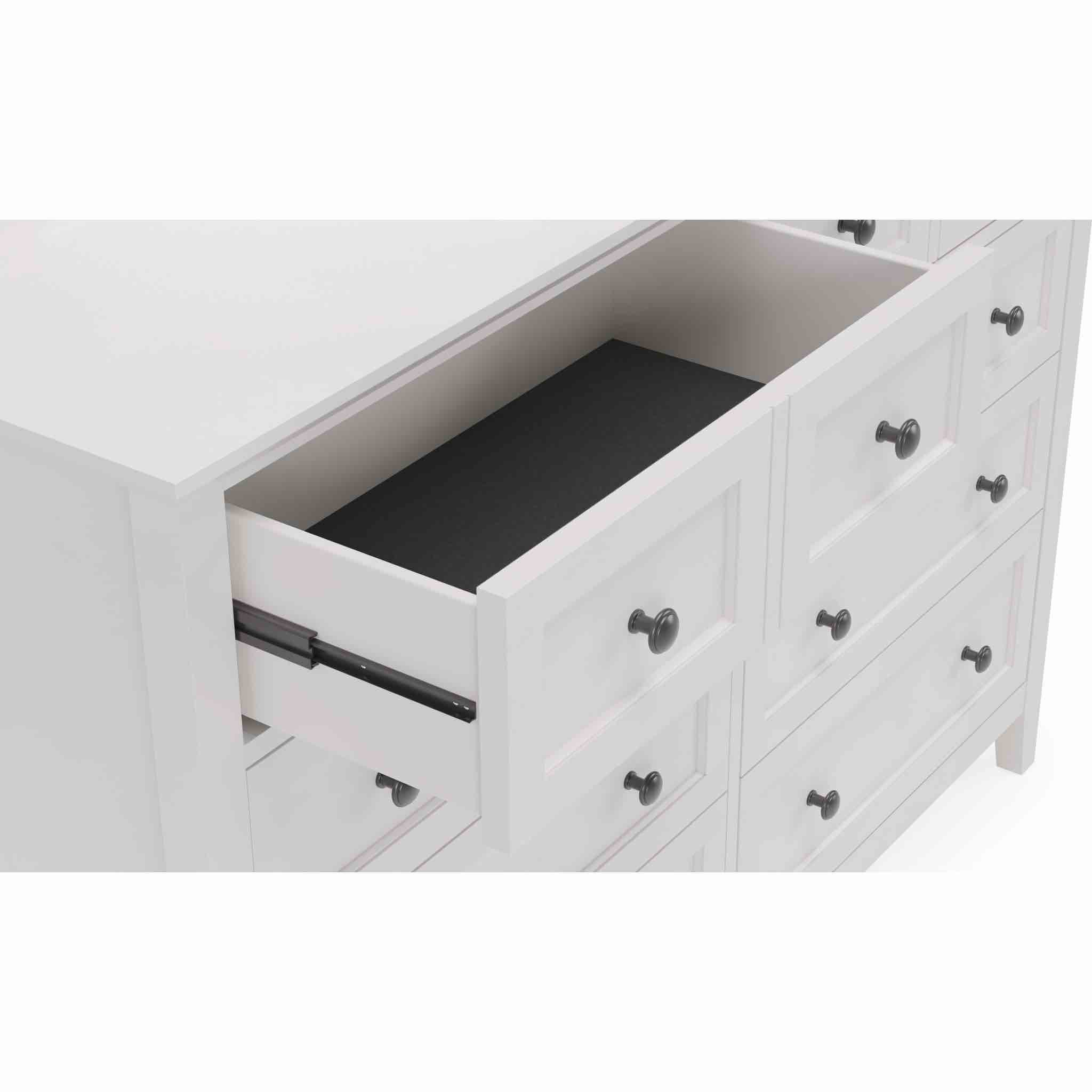 Condition photo showing New/Like New for grace eight drawer dresser in snowfall white with black knobs. 42h x 60w x 19d