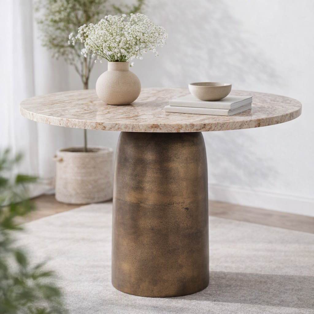 Condition photo showing New/Like New for marbrello round pink marble top dining table with bronze scrubbed metal base. 60 w x 28 h - 2 boxes