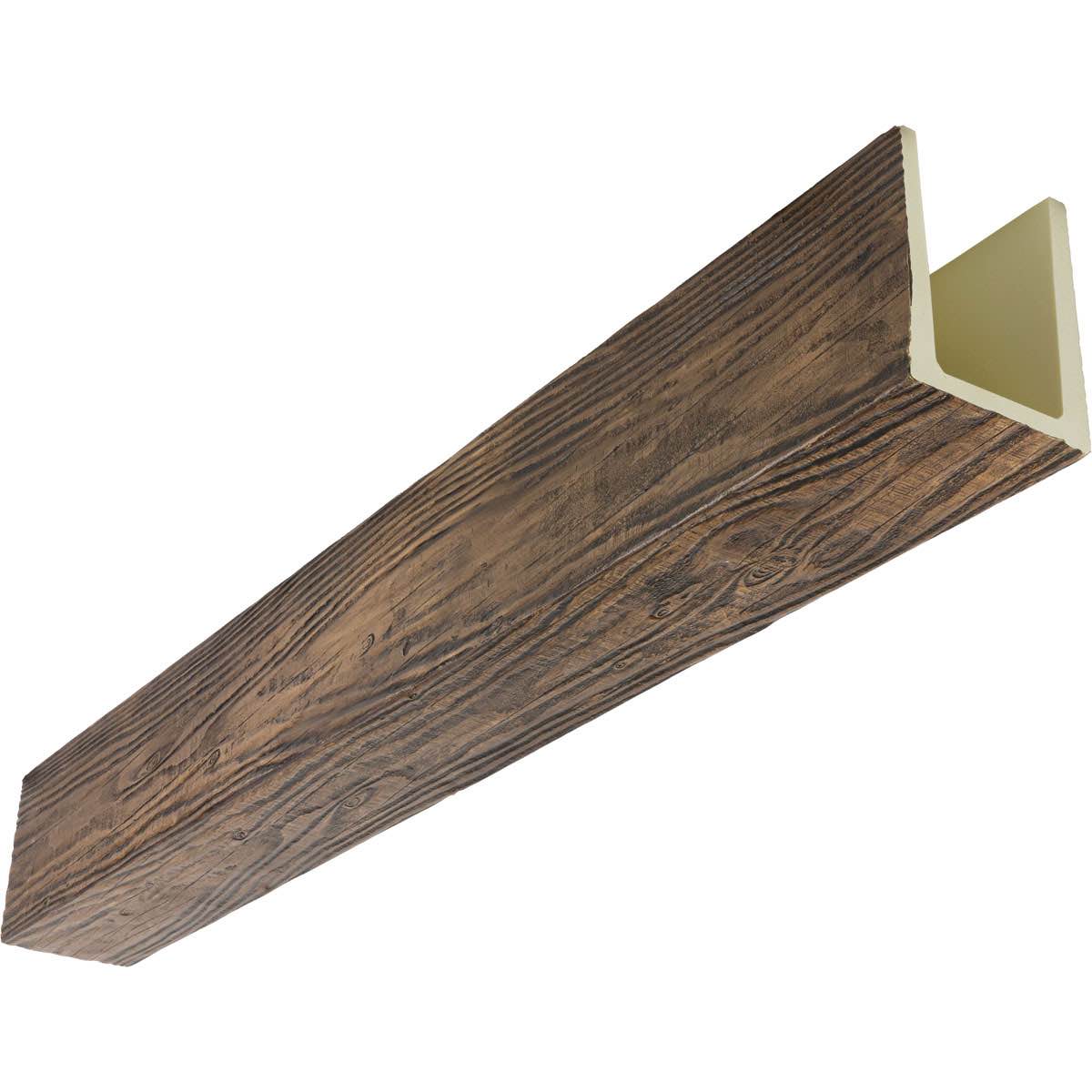 heritage timber mena faux wood beam, 3-sided (u-beam), 7 1/2"w x 7 1/2"h x 192"l, kona brown finish