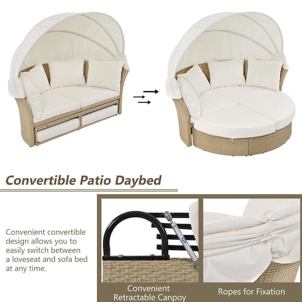 Condition photo showing New/Like New for convertible 57inch wicker outdoor couch round daybed with beige cushions, retractable canopy, 4 pillows for garden, porch pool - 3 boxes