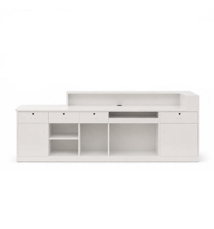 Condition photo showing New/Like New for 95inch modern fluted reception desk with storage, privacy counter & cable management - white & natural oak - 95x 24x 39.5