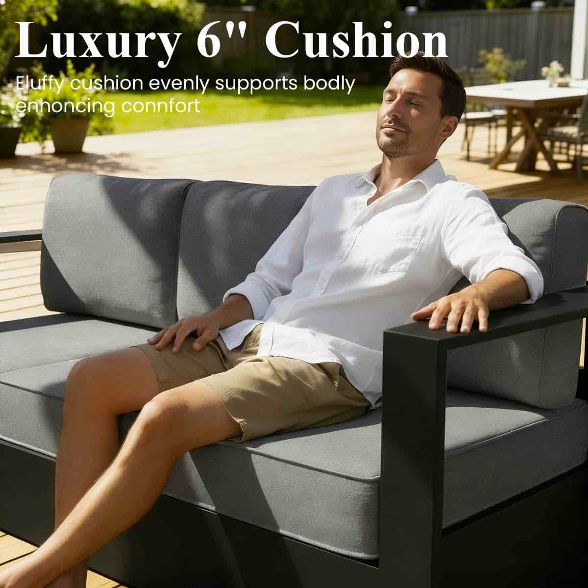 Condition photo showing New/Like New for modern outdoor black aluminum 3-seater sofa with dark gray cushions, 100% waterproof, overall dimensions 25.6 h x 80.3 w x 30 d, new in box