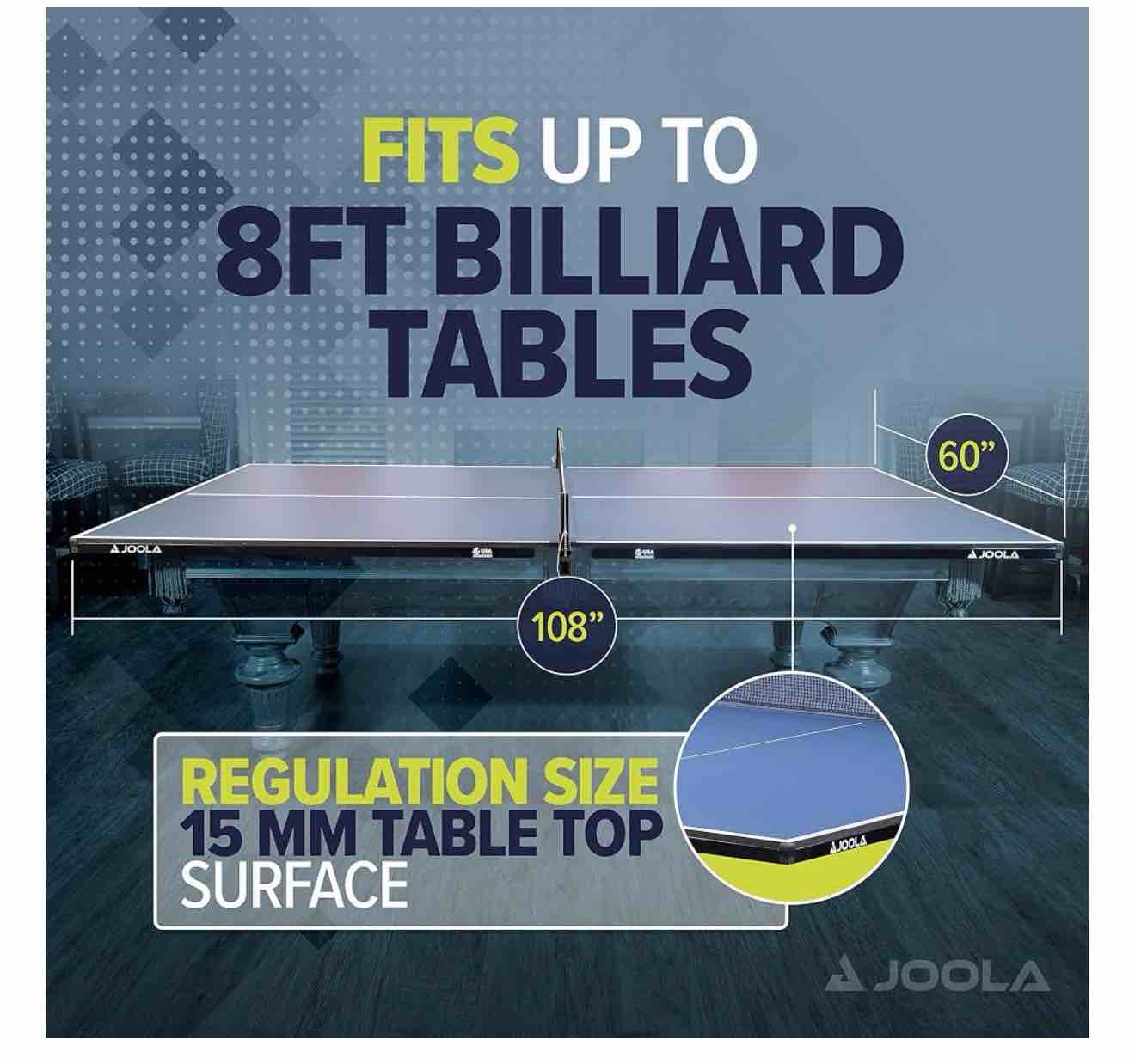 Condition photo showing New/Like New for ping pong conversion top with net set for billiard and pool tables - regulation top converts billiards into ping pong table - includes foam padding for protection