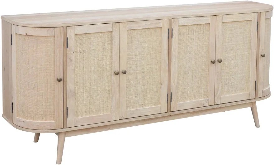 Condition photo showing New/Like New for lighthouse 6 door cabinet in cream with bronze metal knobs, woven fabric inset on door fronts, shelves included, raised wooden base, overall dimensions 34 h x 78 w x 18 d,