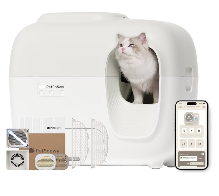 petsnowy self-cleaning automatic cat litter box with odor control tio2 system, robot litter box with auto-packing, app control, large cats & multiple cats (2026 premium version) cream