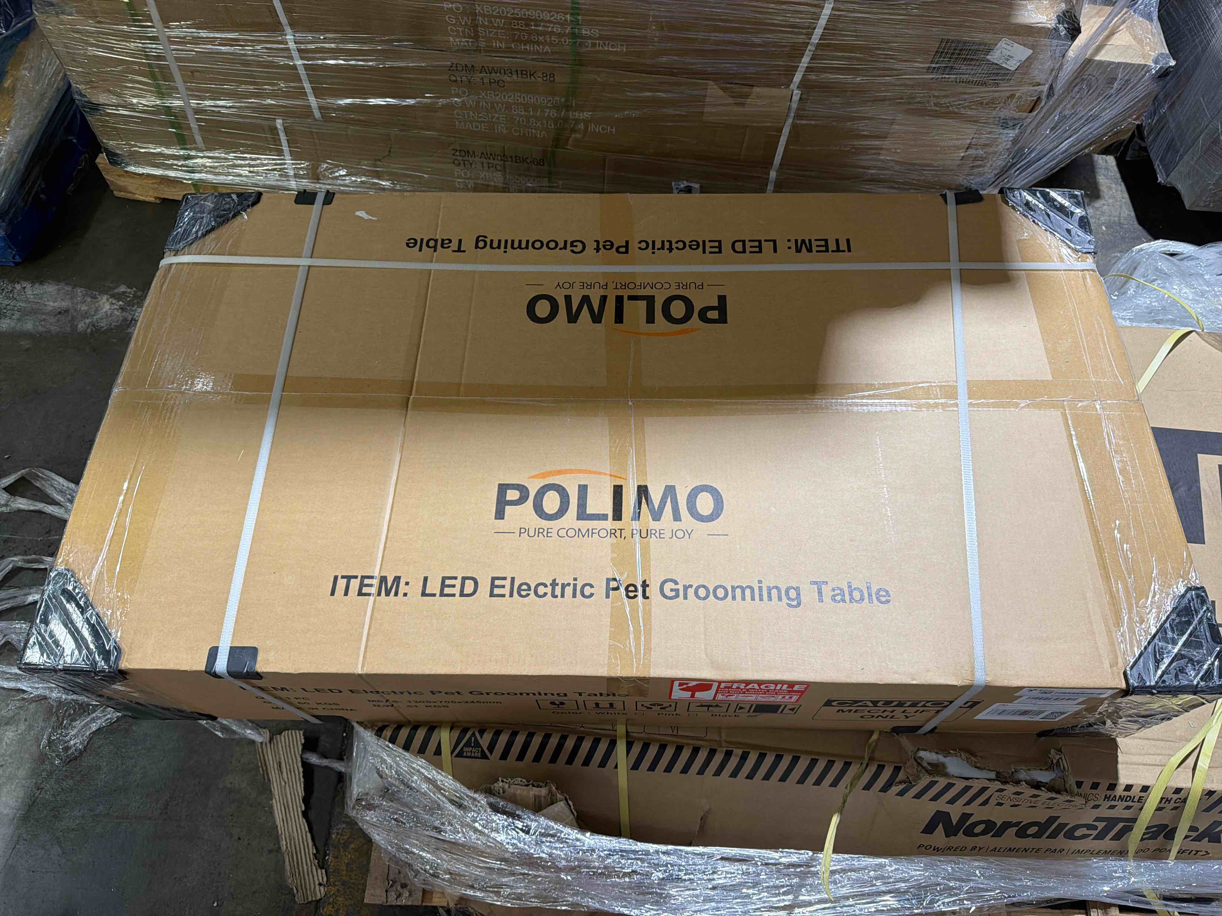 Condition photo showing New/Like New for polimo led professional electric dog grooming table 50inch heavy duty dog grooming station with led, button & foot control, grooming arm, leveling wheels, anti-slip top & tool organizer (50inch, white)