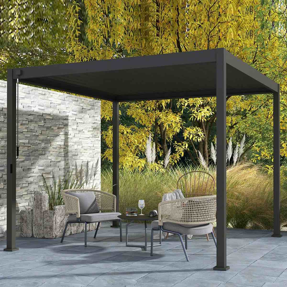 Condition photo showing New/Like New for mirador modern 10-ft x 10-ft charcoal metal freestanding pergola with adjustable louvers(2 boxes total)