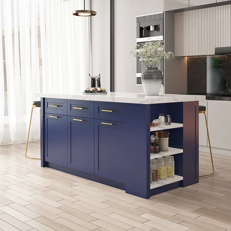 Condition photo showing New/Like New for modern 72" wood kitchen island with drawers & cabinets, blue