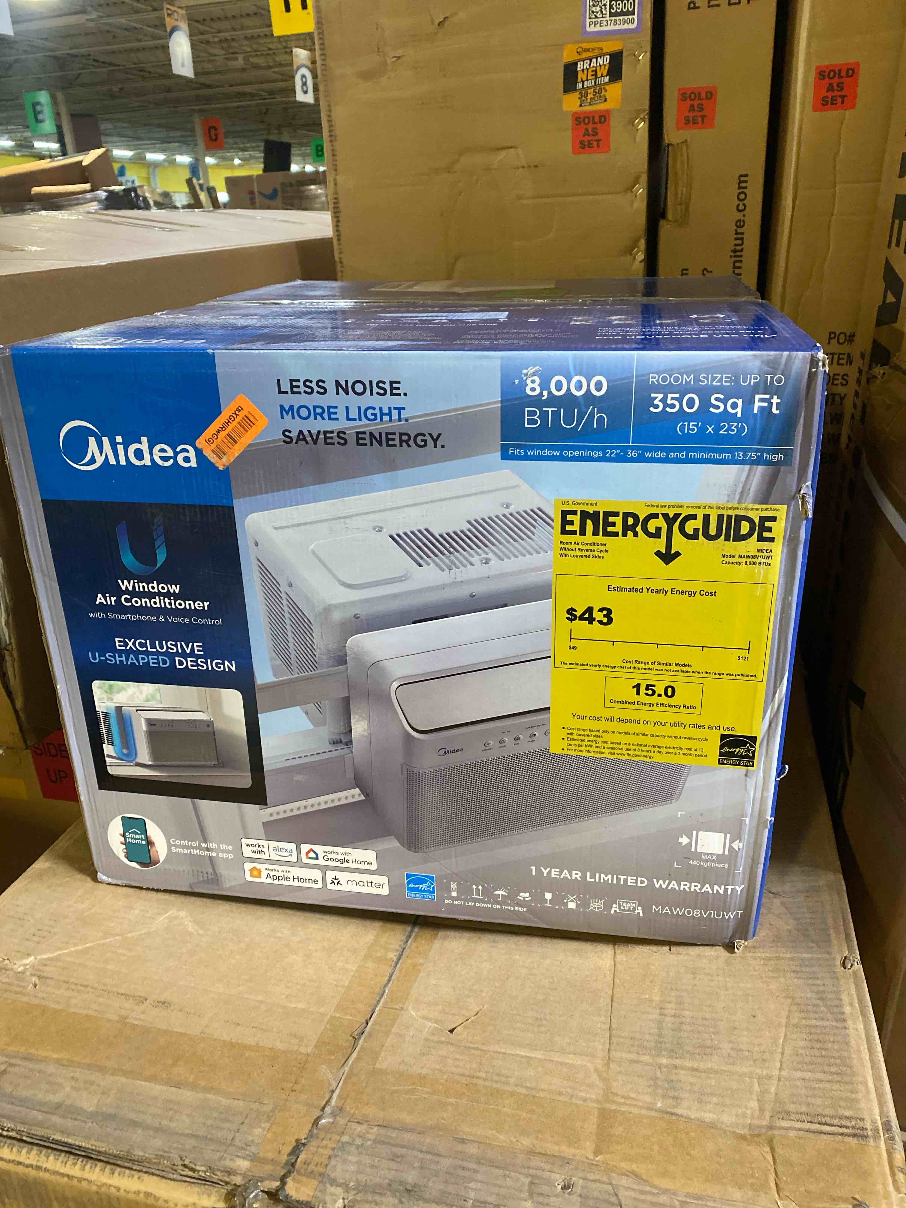 Condition photo showing New/Like New for midea 8,000 btu u shaped smart inverter window air conditioner - cools 350 sq ft, ultra quiet with open window flexibility - alexa/google assistant compatible - 37% energy savings, remote (updated) 8,000 btu (updated)