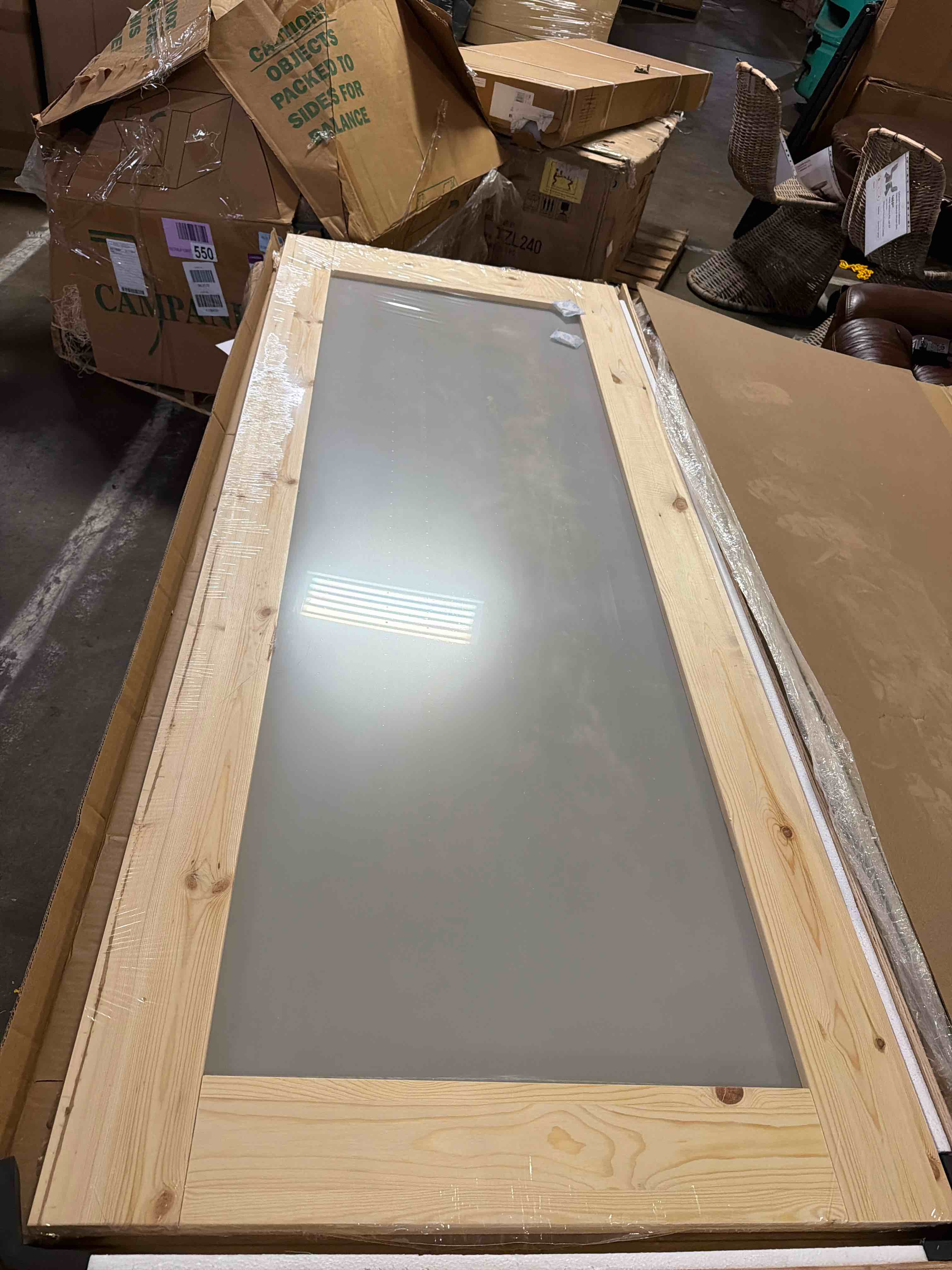 Condition photo showing New/Like New for 32 x 80 solid natural pine prebuilt frosted glass interior wood door slab