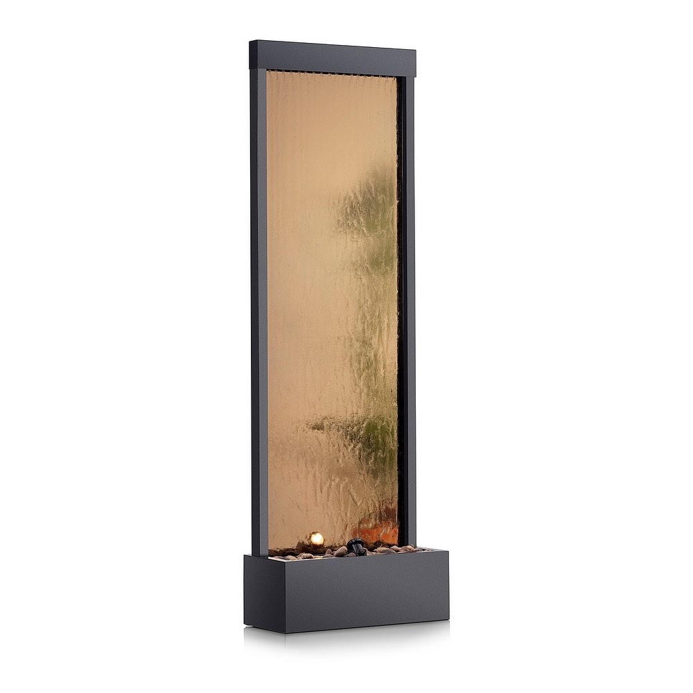 Condition photo showing New/Like New for alpine corporation waterfall floor fountain with led light, textured glass panel and sleek aluminum frame for indoor and outdoor - brown - 72