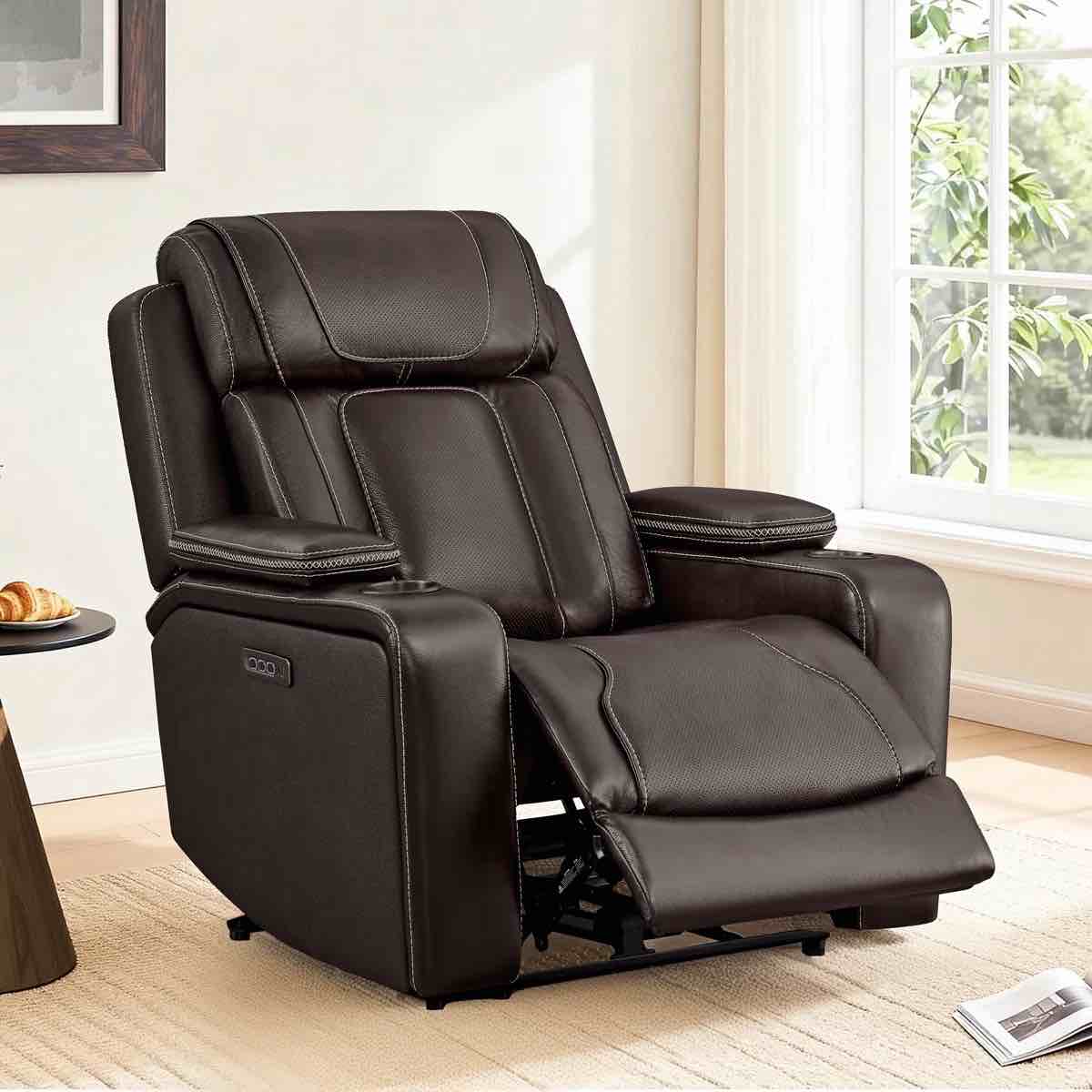 Condition photo showing New/Like New for genuine leather triple motor power recliner with power headrest and power lumbar