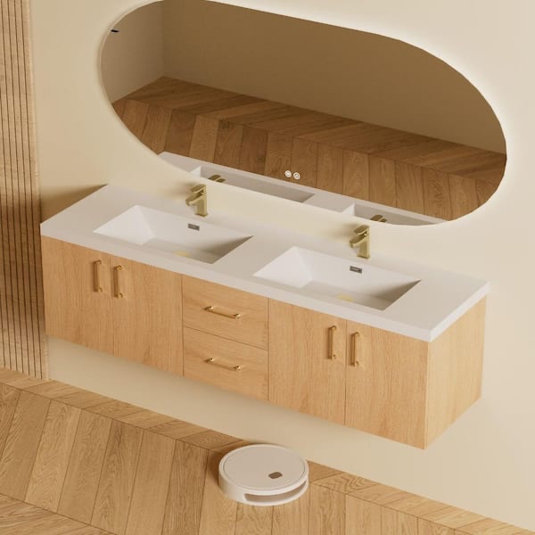 Condition photo showing New/Like New for 72 in. w x 19.5 in. d resin bath integrated vanity top in white