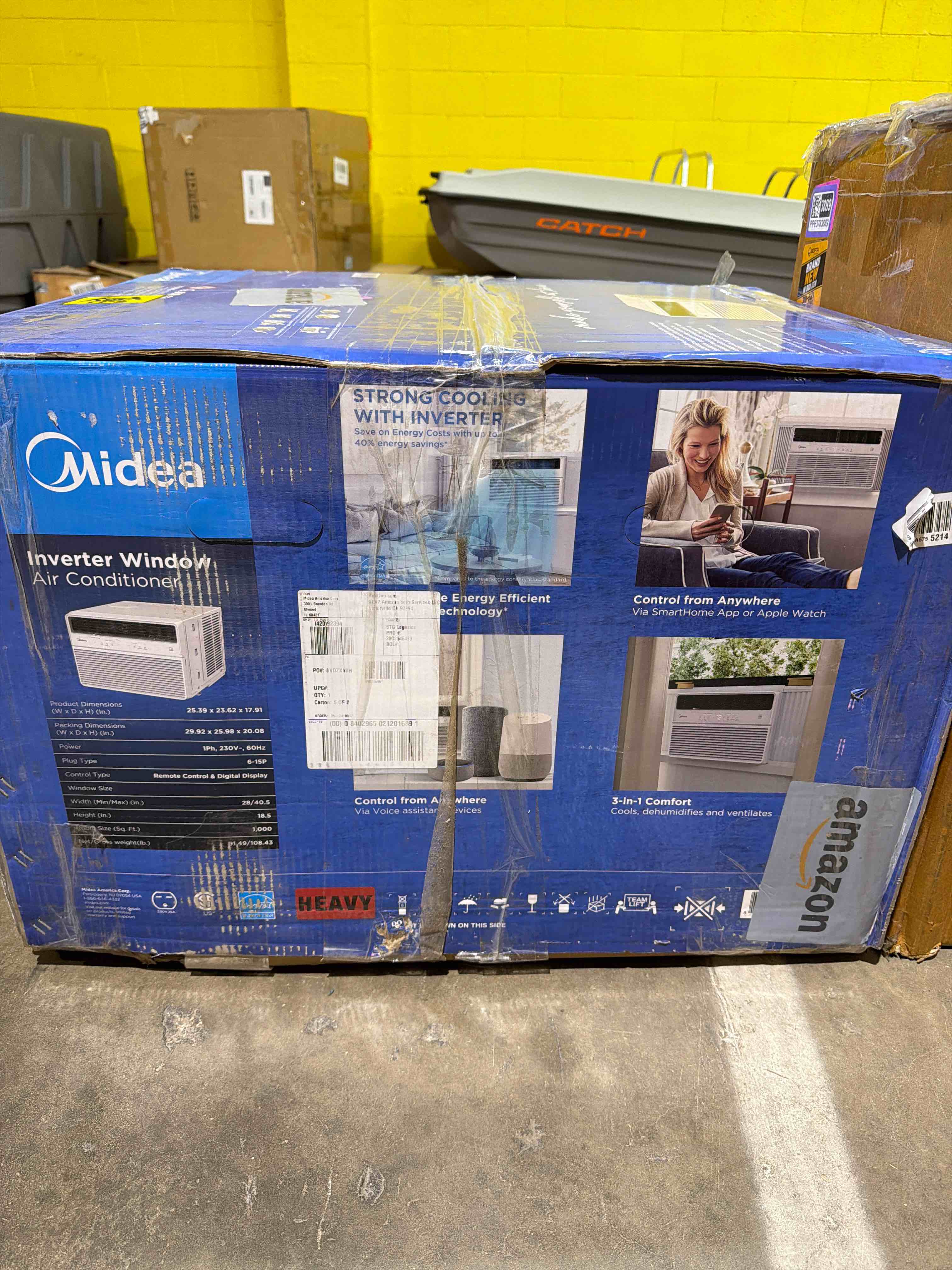 Condition photo showing New/Like New for midea 18,000 btu smart inverter window air conditioner with app, alexa control, 208/230v ac unit cools up to 1,000 sq. ft, quiet operation, energy saving, remote & easy installation kit, white