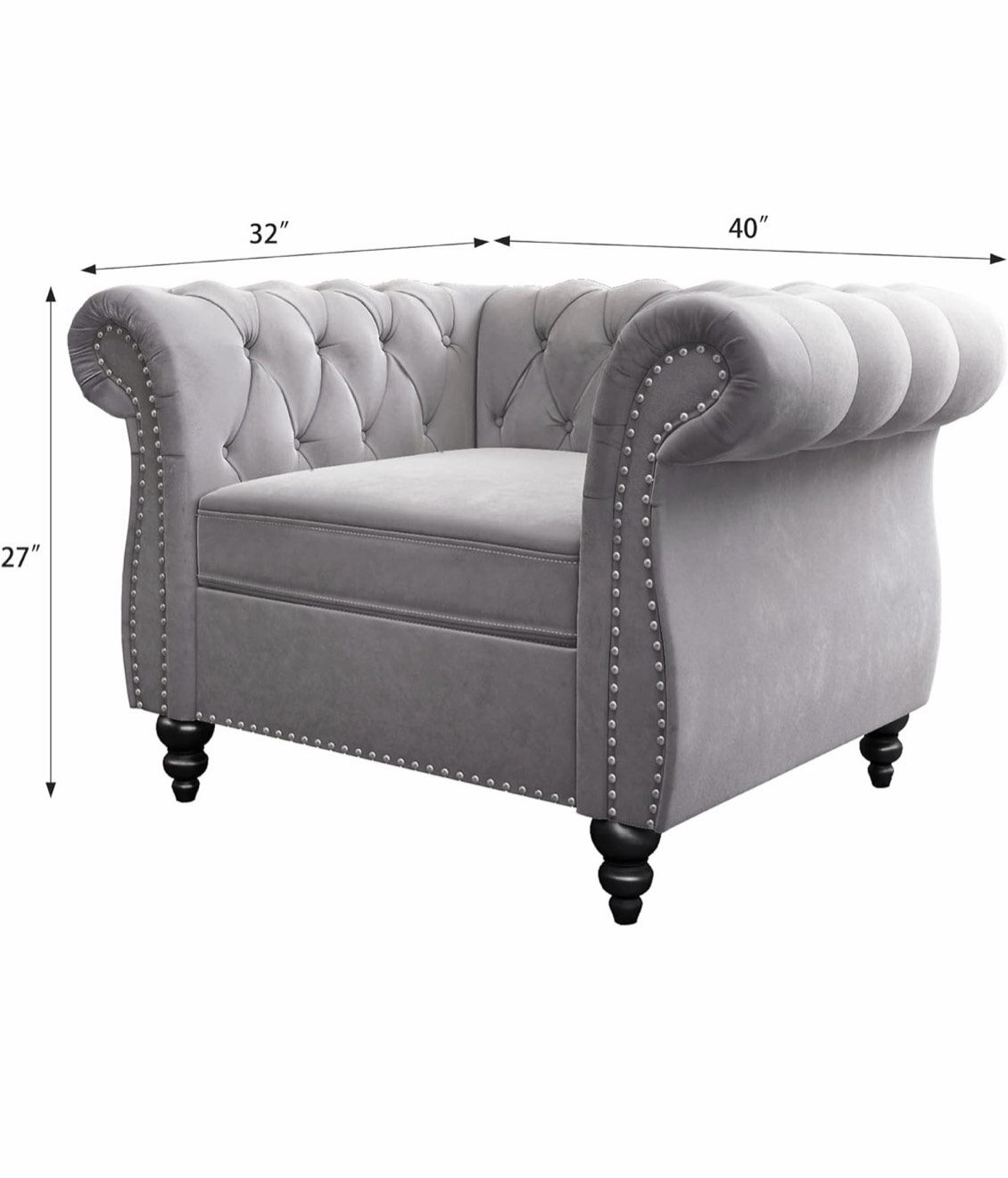 Condition photo showing New/Like New for modern gray velvet chesterfield chair for living room, dimensions, 38.5 x 34.5 x 30