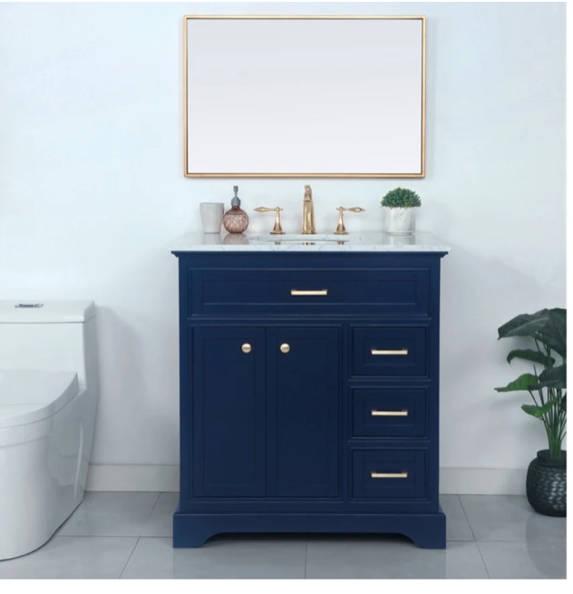 Condition photo showing New/Like New for elegant lighting americana 32" free standing single basin vanity set with cabinet and marble vanity top