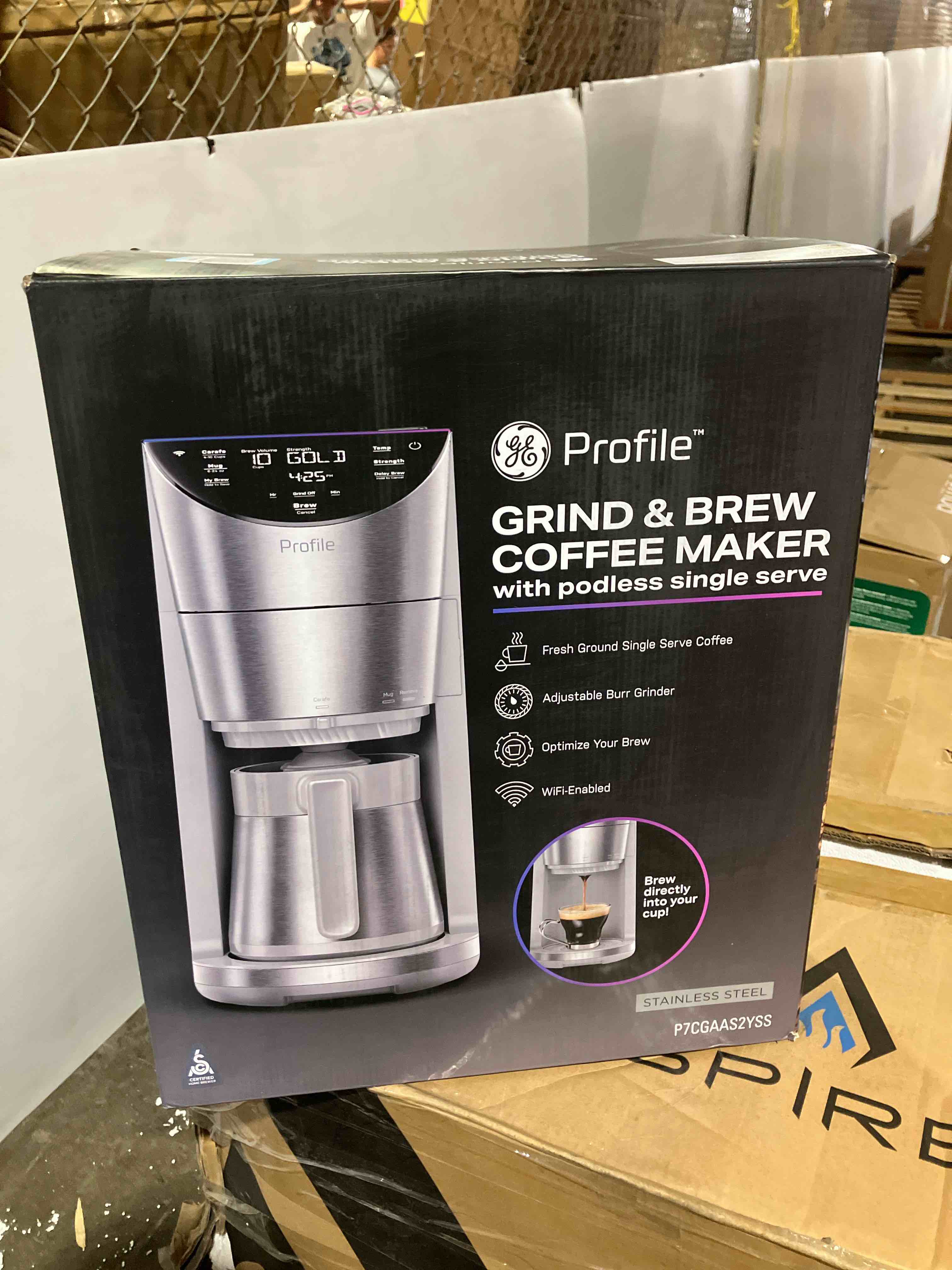 Condition photo showing New/Like New for ge profile smart grind & brew coffee maker w/podless single serve, 90oz water reservoir, 10 cup thermal carafe, voice control, adjustable burr grinder, sca certified, barista-quality, stainless steel