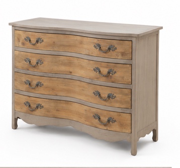 Condition photo showing New/Like New for 48" french country 4-drawer serpentine wood chest with distressed white finish & natural wood drawer fronts