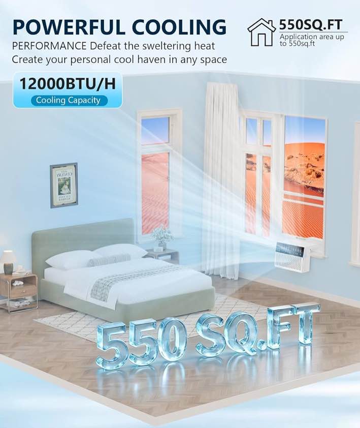 Condition photo showing New/Like New for 12000 btu u shaped window air conditioner, 3-in-1 window ac unit, cooler dehumidifier & fan with timer, remote control & installation kit for rooms up to 550sq.ft, 24-hour timer eco mode 28.94 d × 18.7 w × 14.88 h