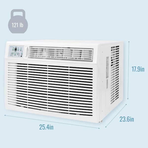 Condition photo showing New/Like New for 23,200 btu (doe) 230-volt window air conditioner with 16,000 btu supplemental heat capability h 17.91 in, w 23.62 in, d 25.39 in