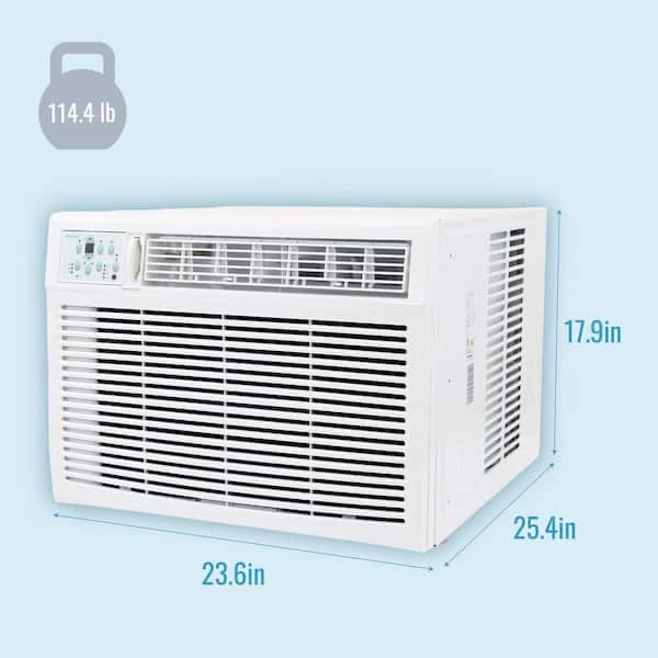 Condition photo showing New/Like New for 18,000 btu (doe) 230-volt window air conditioner cools 1000 sq. ft. with remote in white h 17.9 in, w 23.6 in, d 25.4 in