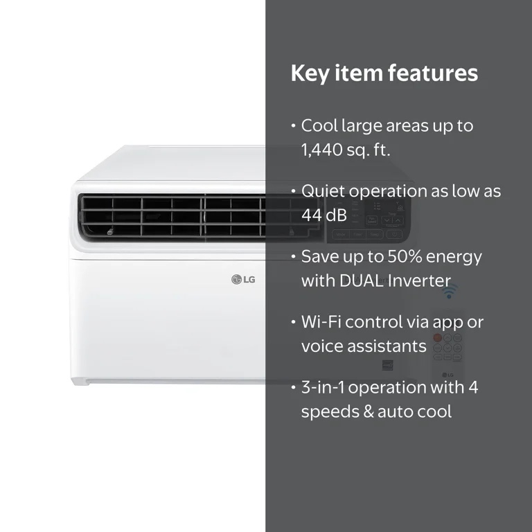 Condition photo showing New/Like New for lg 23,500 btu 230v dual inverter smart window air conditioner (parts verified) h 17.72 in, w 25.98 in, d 30.67 in