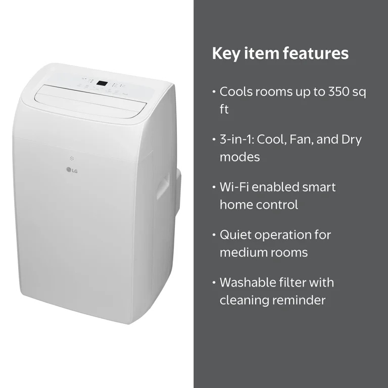 Condition photo showing New/Like New for lg new 8,350 btu 350 sq ft smart wi-fi enabled portable air conditioner with dehumidifier function, white 27.11" h x 14" w x 16.5”