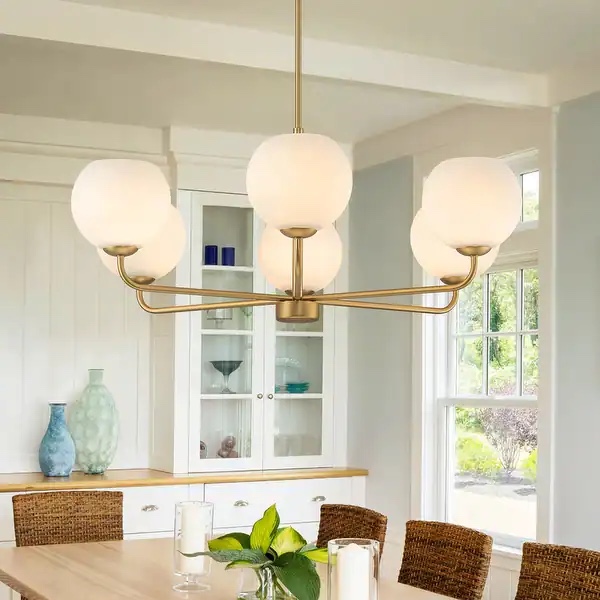 Condition photo showing New/Like New for possini 6-light dimmable frosted globe hanging ceiling chandelier with brushed gold frame.