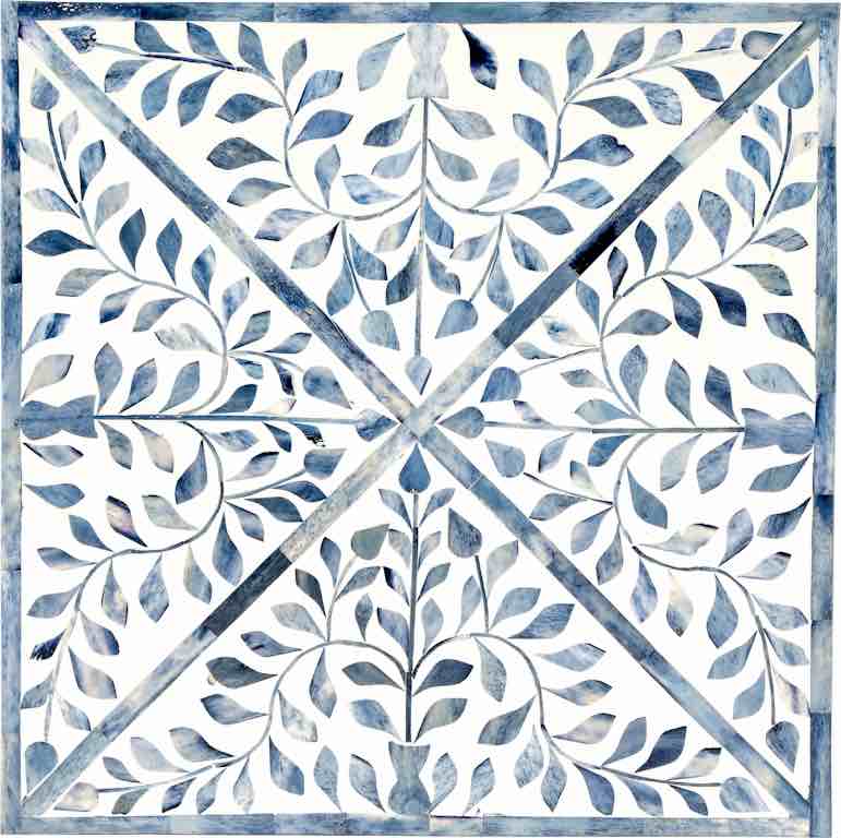 Condition photo showing New/Like New for trubadur 14.25 in. w square hand cut wooden side table in sky blue and white with hand painted botanical patterns. width: 14 1/4" (36.2 cm) depth: 14 1/4" (36.2 cm) height: 21" (53.3 cm) weight: 24 lb (10.8 kg)