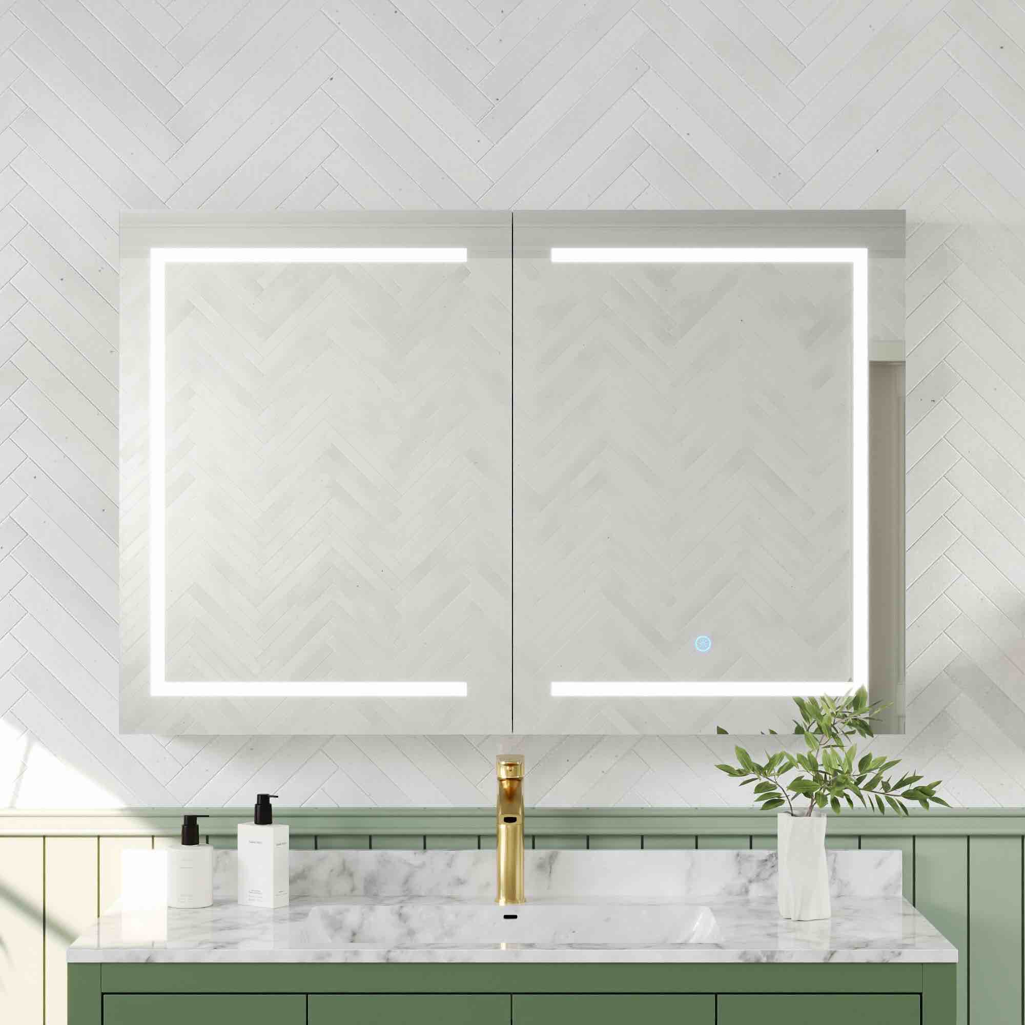 Condition photo showing New/Like New for deervalley led lighted 2 door medicine cabinet with mirror, 48 w x 32 h with defogger & dimmable 3-color setting. glass shelves sold separately