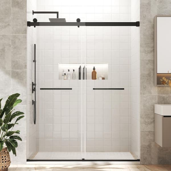 44-48" w x 76" h frameless double sliding shower door tempered glass and stainless steel hardware, matte black