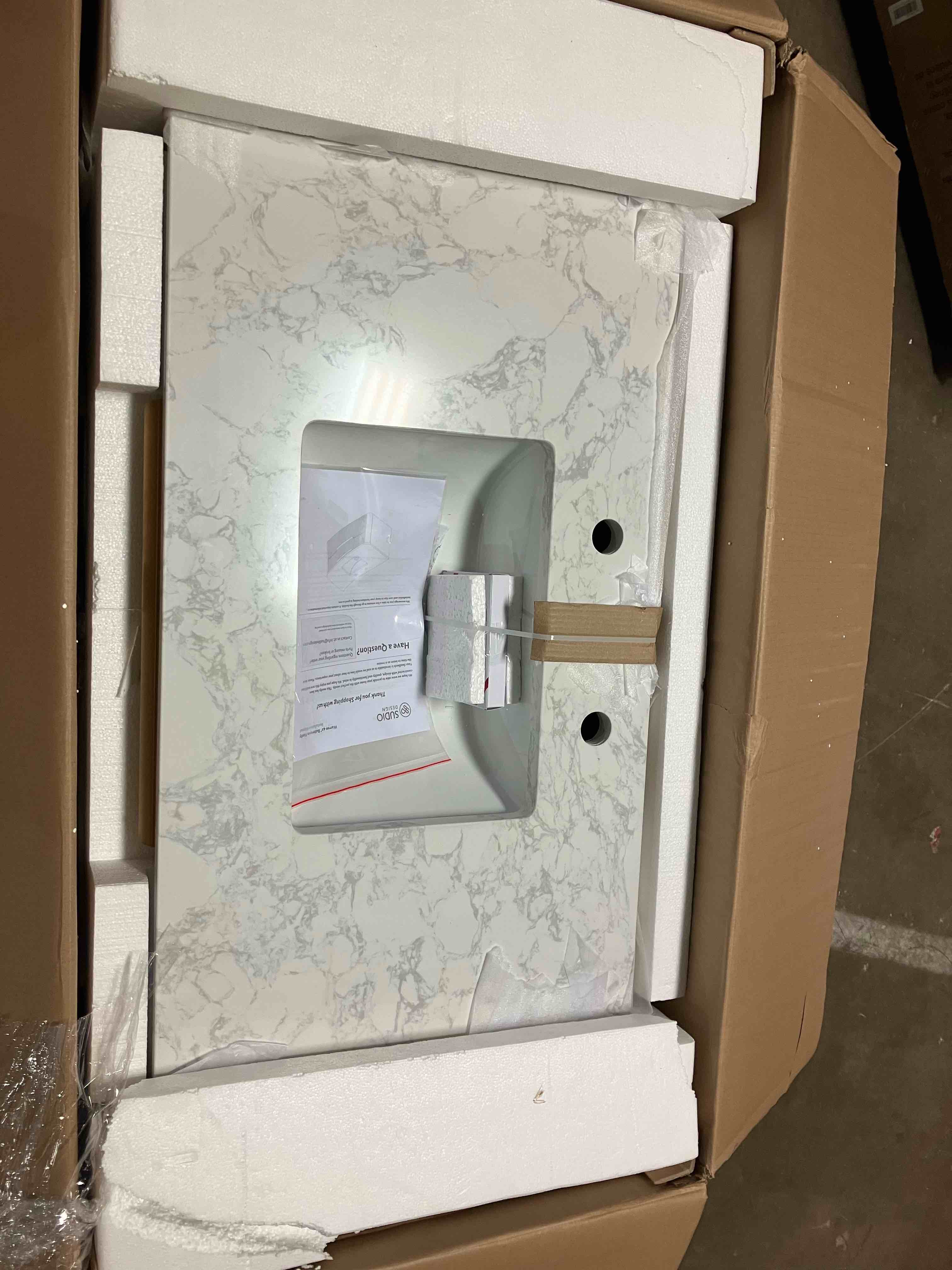 Condition photo showing New/Like New for warren 42 in. 2 drawer floating bath vanity in aged oak with engineered stone top in arabescato and white sink