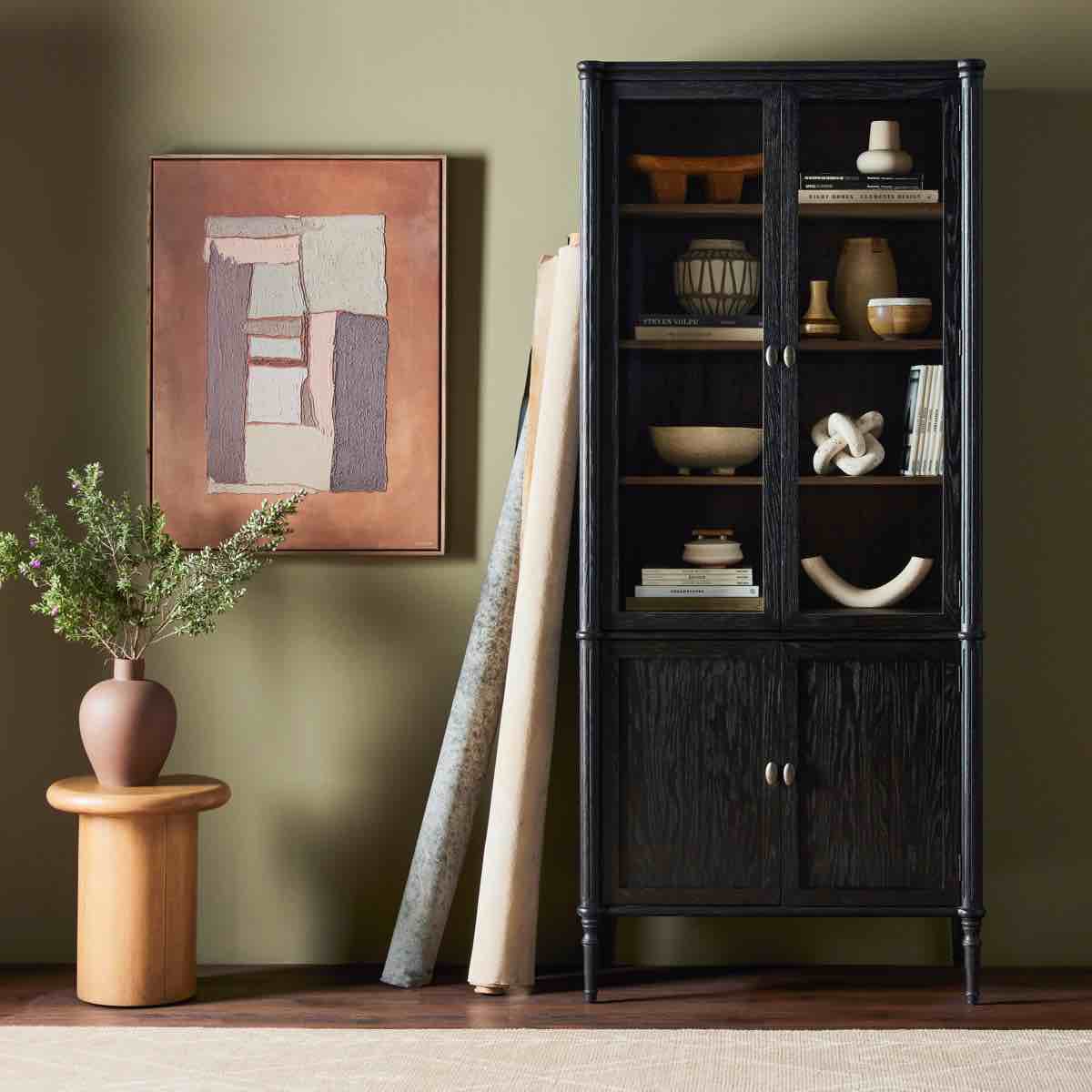 toulouse solid oak china cabinet in antique black (cabinet is missing legs, does not affect stability or function) 87.25'' h x 38'' w x 20'' d
