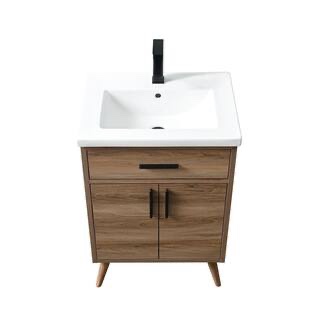 Condition photo showing New/Like New for nelson 24inch single sink bath vanity in light walnut with white ceramic top and matte black hardware, overall dimensions 24 w x 18 d x 34 h