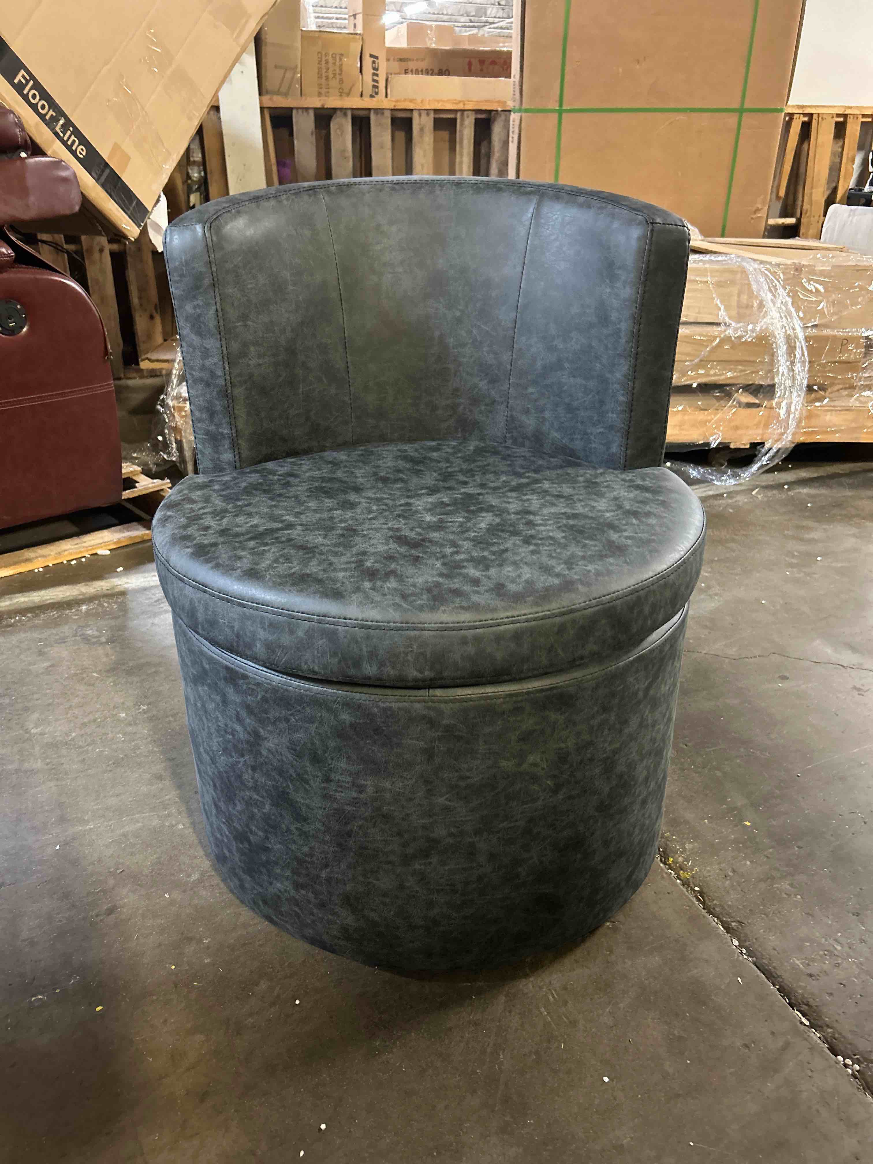 Condition photo showing New/Like New for set of 2 modern black faux leather 360 swivel/rolling dining chairs with casters, decorative chairs for any room, fabric is wear resistant and durable, overall dimensions 24.4 d x 24.8 w x 31.49 h, 1 chair is unwrapped for pictures,