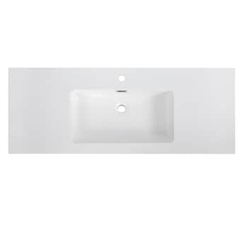 Condition photo showing New/Like New for streamline 48 x 19 glossy white solid surface integral single sink bathroom vanity top, drain, faucet and backsplash sold separately, built-in overflow, pre-drilled single-hole 1.44 in diameter, overall dimensions 47.2 w x 18.5 l