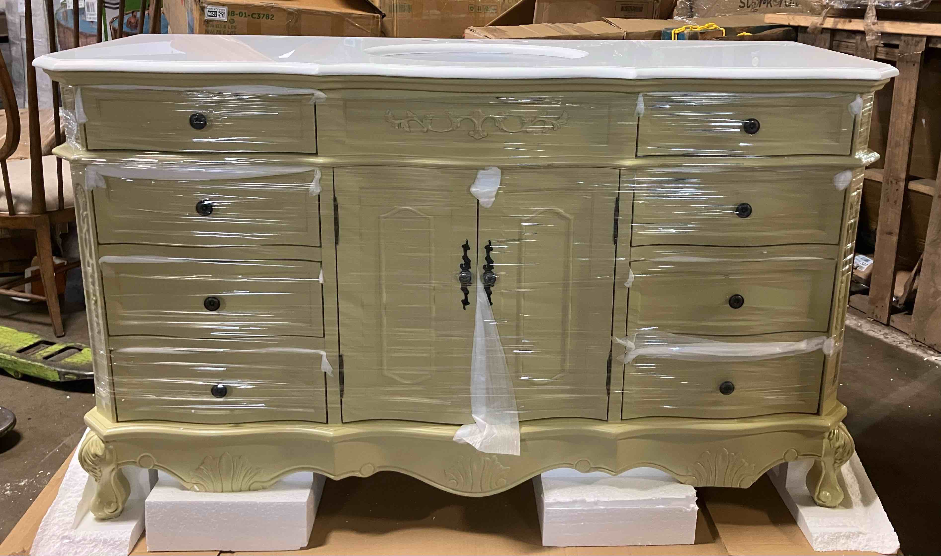 Condition photo showing New/Like New for elegant decor vf10160lt-vw danville 60 inch single bath vanity in light antique beige with ivory white engineered marble