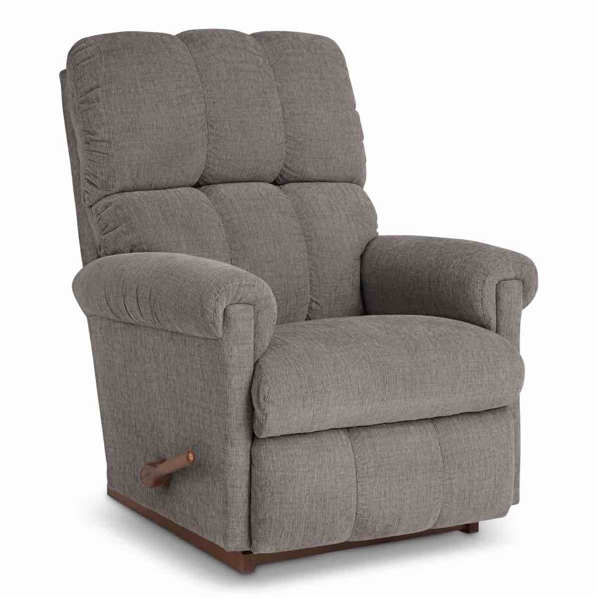 Condition photo showing New/Like New for la-z-boy vail rocking manual recliner, 3 position locking leg rest, mahogany rocker base and lever, overall dimensions 40.5'' h x 32'' w x 36'' d 