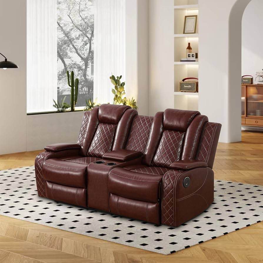 Condition photo showing New/Like New for 74in breathing leather power reclining living room loveseat with middle console - 41 h x 74  w x 39  d