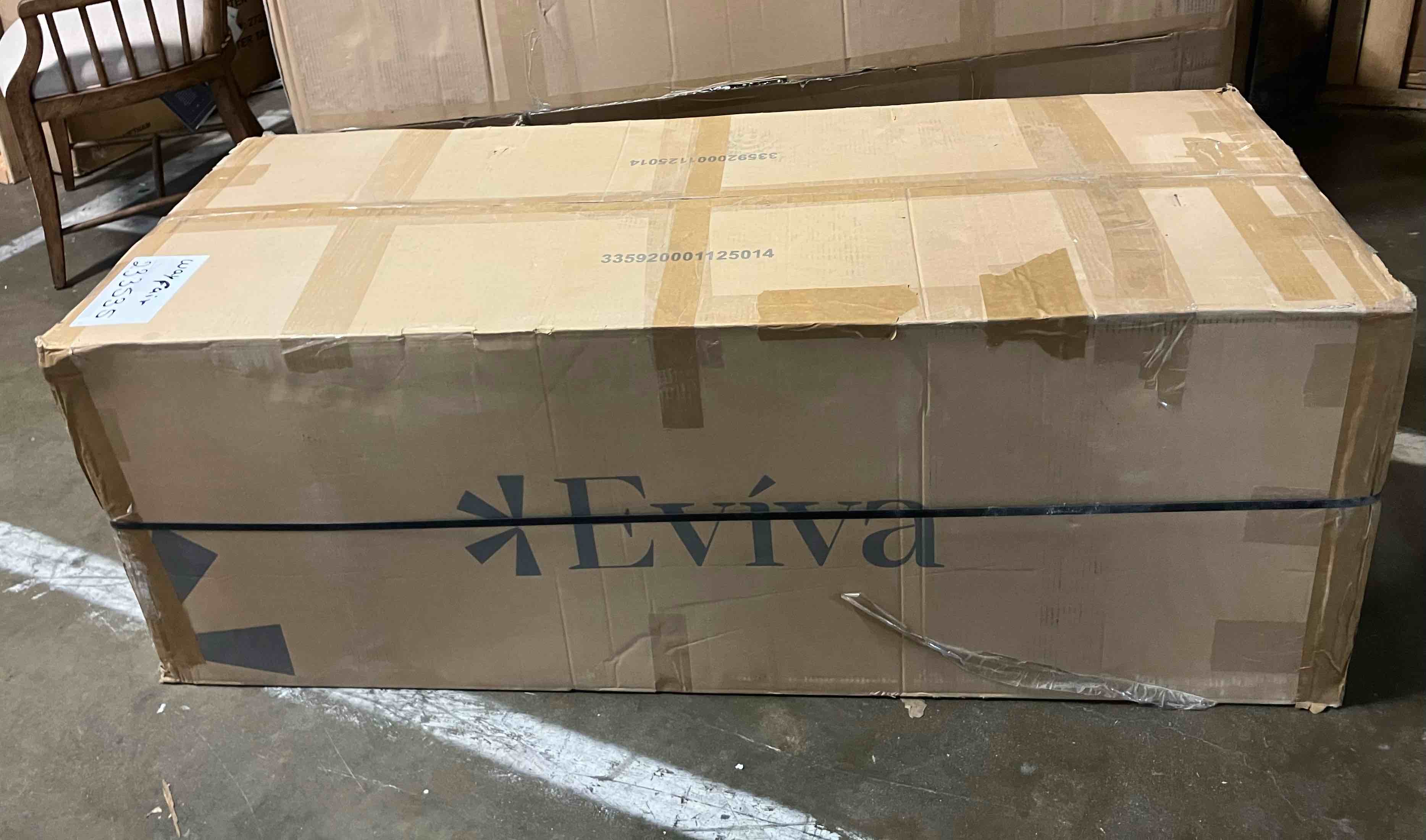 Condition photo showing New/Like New for eviva haven 55 w x 22 d natural oak wall mount bathroom vanity with white solid surface countertop and integrated sink