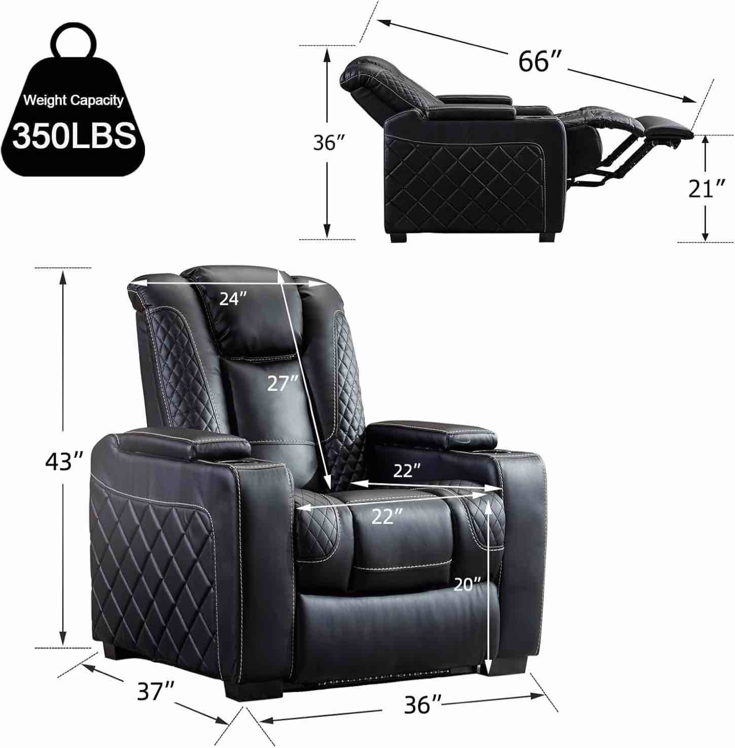 Condition photo showing New/Like New for electric power recliner chair with ambient lighting, vegan leather dual motor power (new in box) 37"d × 36"w × 43"h